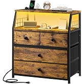 EnHomee Nightstand, 4 Fabric Drawer, LED Lights, Bedside Table | Charging Station, 22 Inch Wide, 2-tier Storage Shelf, Small End Table for Bedroom, Living Room, Rustic Brown