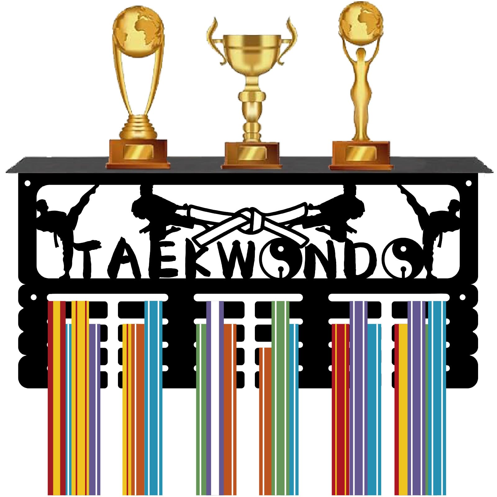CREATCABIN Taekwondo Medal Hanger Display Trophy Shelf Medal Holder with Shelf Stand Sports 4 Rows Metal Hanging Wall Mount Frame Hold 70+ Medals for Basketball Competition Ribbon Medals 15.7x7.9Inch