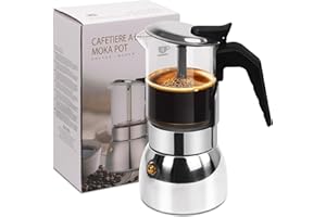 Vaolvpant 4 Cup Glass Clear Moka Pot Thickened 304 Stainless Steel Stovetop Espresso Maker Italian Coffee Machine 200ml 6.8oz Classic Mocha Cafe Greca Coffee Suitable for Gas Induction