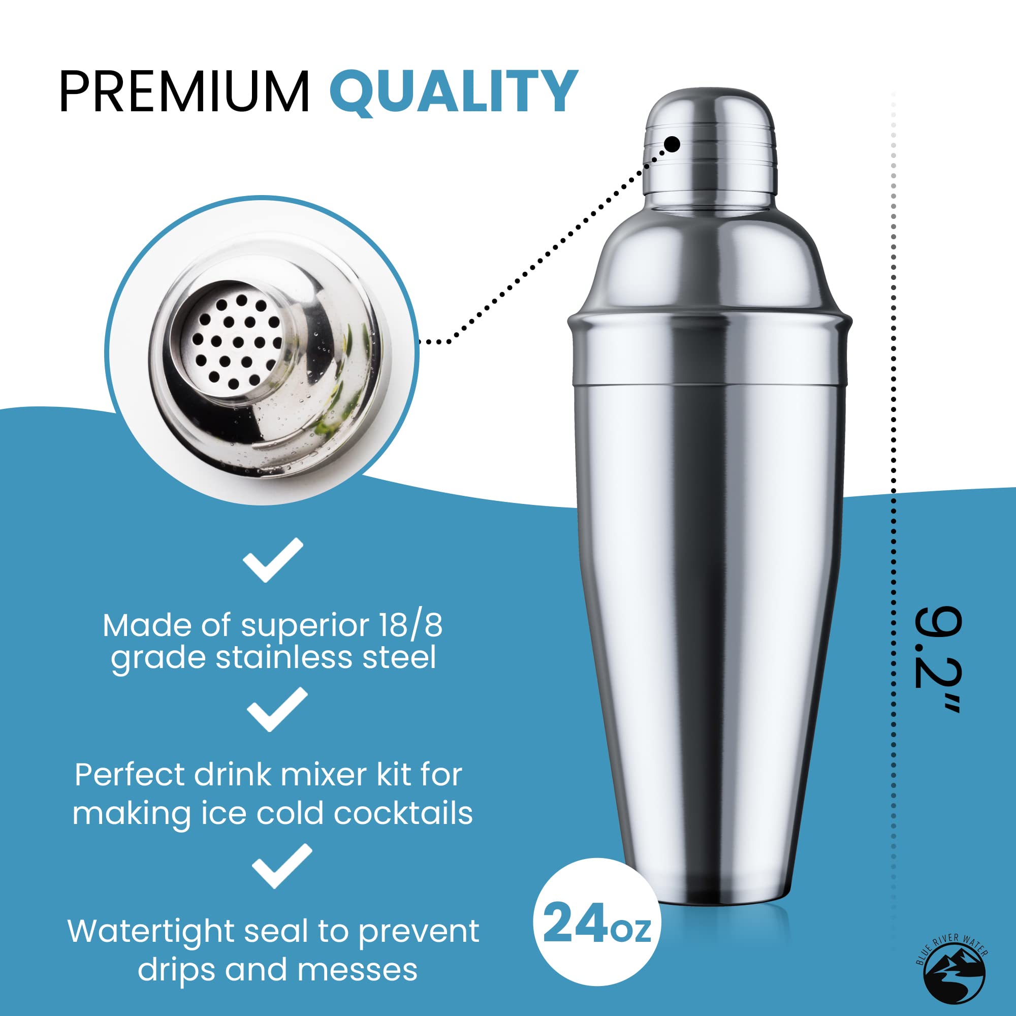 Blue River Water 24oz Cocktail Shaker Set - Martini Shaker w Built-in Drink Shaker Strainer, Muddler, Jigger, Mixing Spoon, Recipe Book for Bartending - Bar Shaker/Alcohol Shaker - Image 5