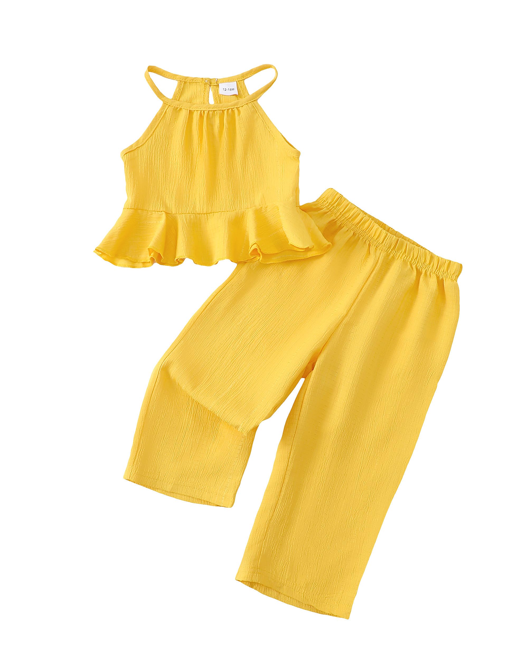 Photo 1 of Little Girls Outfit 4t 5t Girl Clothes for Kids Ruffle Summer Lightweight Shirt Wide Leg Yellow Linen Pants 2-Piece Cute Toddler Outfits Clothing Sets