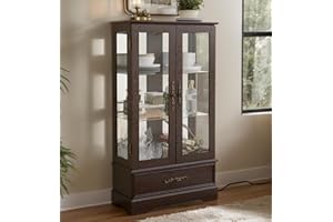 CKEASEAN Curio Cabinet 47" H Vintage Glass Display Cabinet with 3-Tier Adjustable Glass Shelves, Acrylic Mirrored Back Pane, Light Blub Included, China Cabinet for Living Room (Dark Cherry)