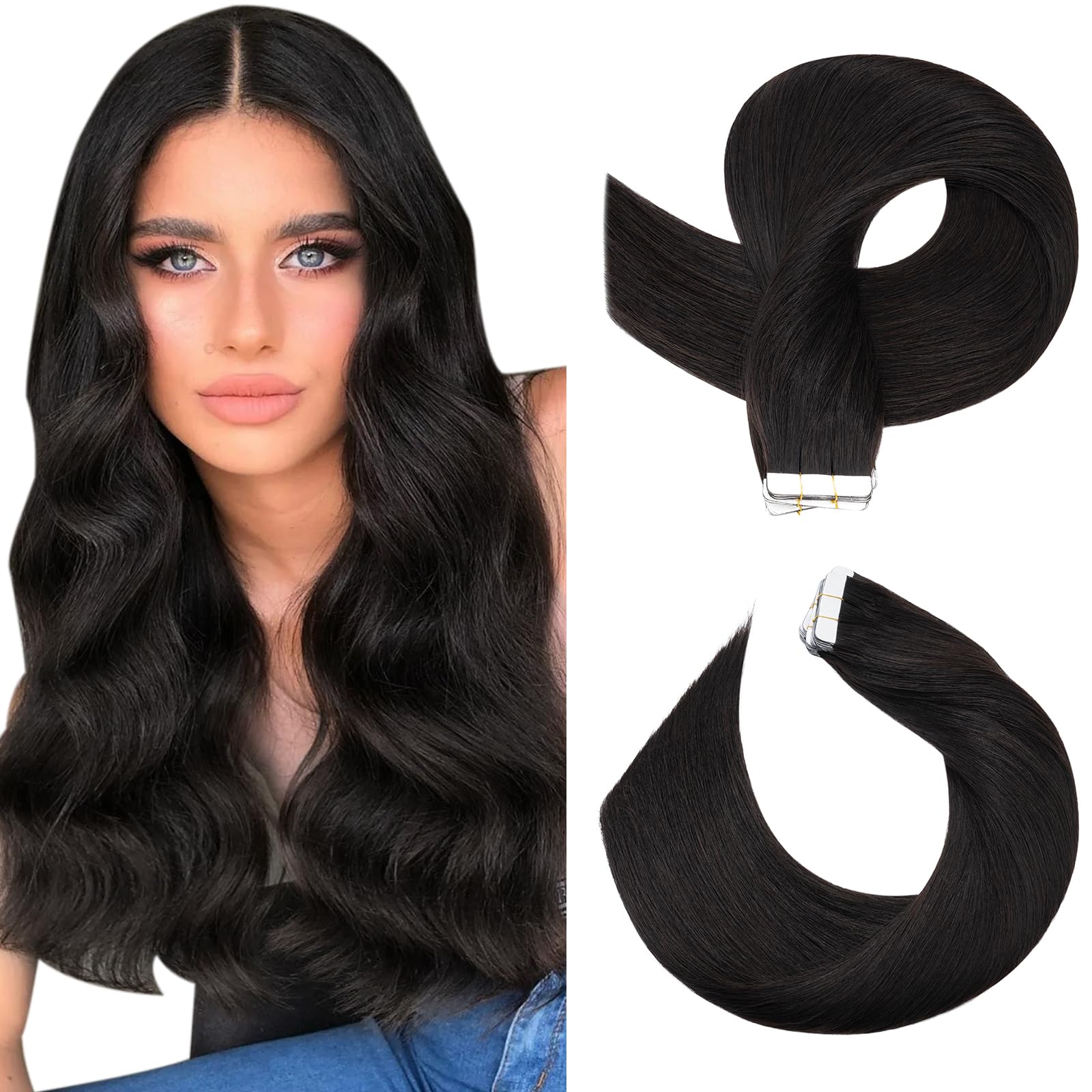 SEGOHAIR Tape in Hair Extensions Human Hair, 18" Invisible 10Pcs Real Hair Straight Natural Remy Tape Hair Extensions - Natural Black — image 1