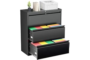 Greenvelly Lateral File Cabinet with Lock,3 Drawer Metal Filing Cabinet for Home Office, Black Steel Lateral File Drawers, Wide Office File Cabinet with Hanging Bars for A4 Legal/Letter Size