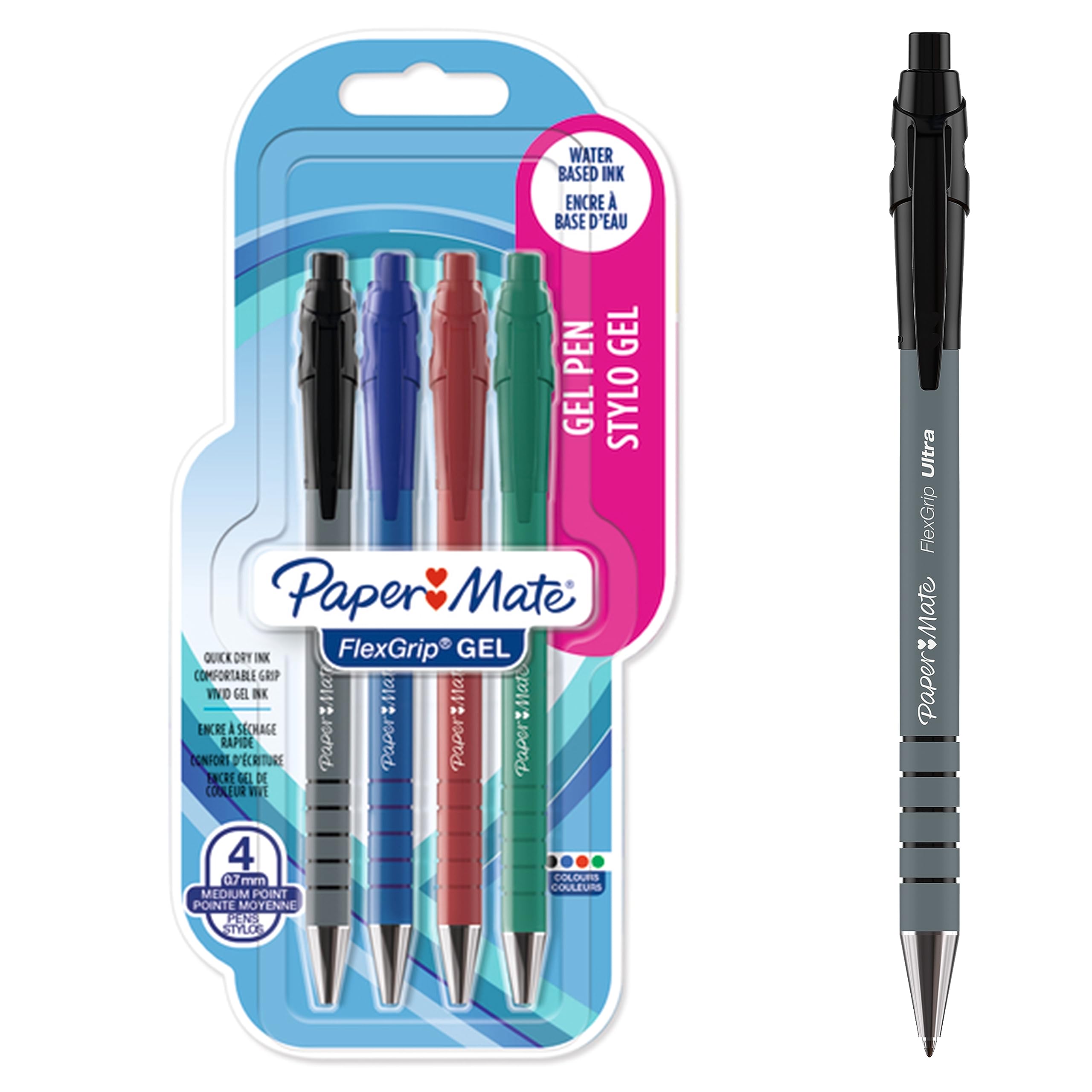 Paper Mate FlexGrip Gel Pens | Medium Point (0.7 mm) | Handwriting Pens & Stationery Supplies | BlackBlueRed & Green Ink Pen Set | 4 Count