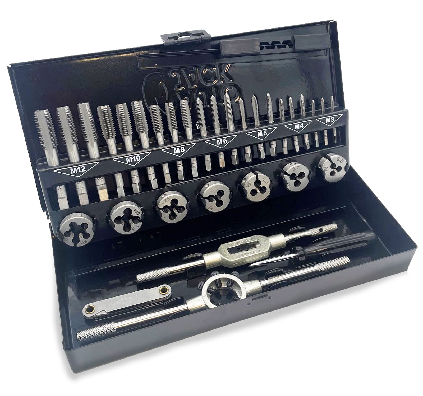 Autojack Tap and Die Set 32 Piece M3 to M12 High Strength Tungsten Alloy Steel Dies, Includes Metal Storage Case