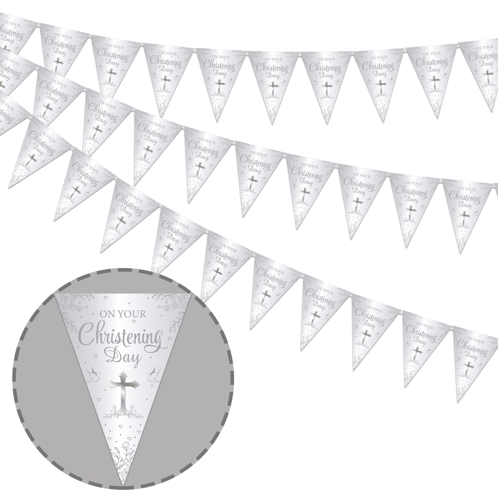 Cheereveal Christening Decorations for Boys Girls Silver, 3 Pack Christening Banners, First Holy Communion Confirmation Decor, 36pcs Baptism Bunting Flag, On Your Christening Day Party Supplies