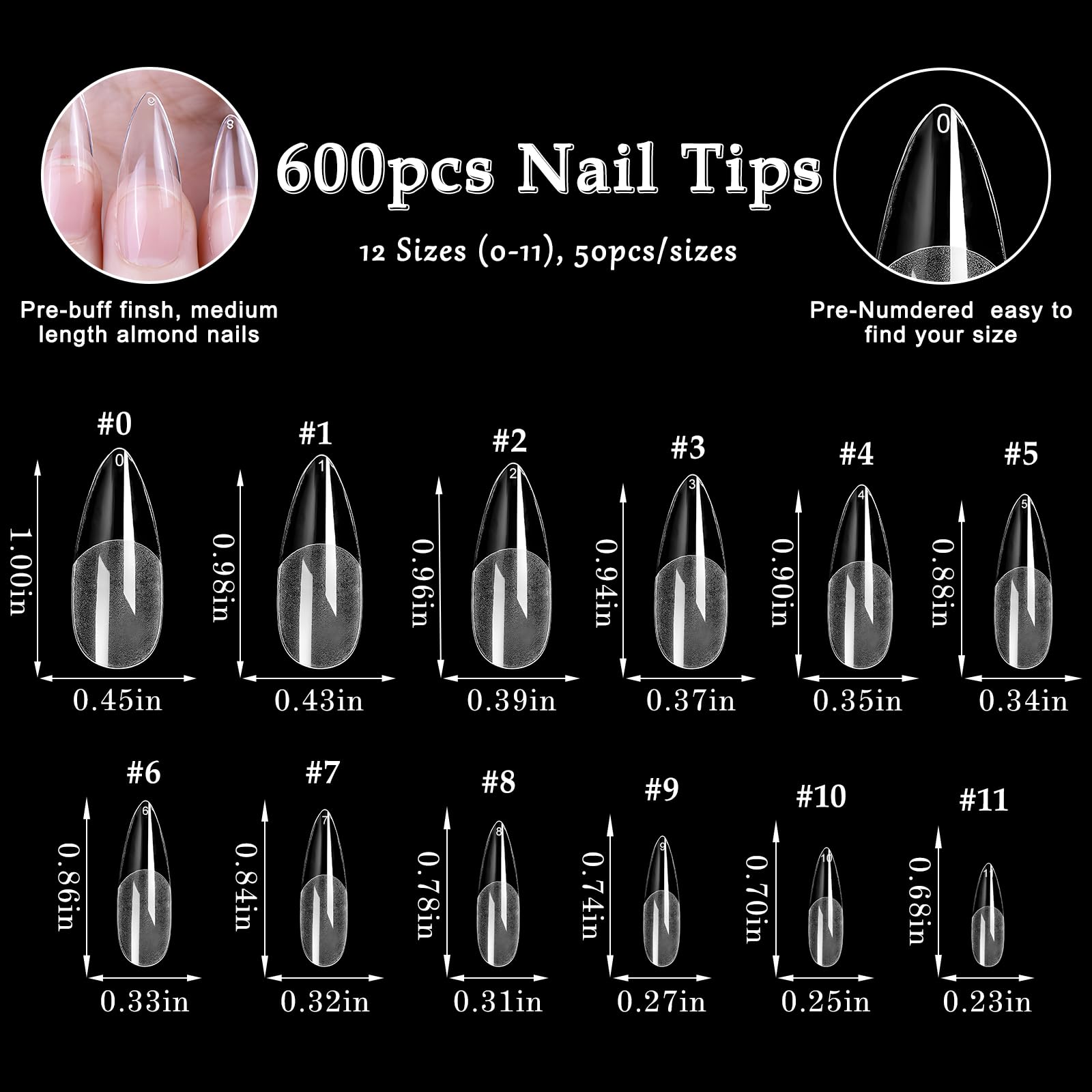 AddFavor 600pcs Almond Tips, Medium X Gel Clear Fake Nails Full Cover Acrylic for Extension Manicure Salon Home DIY - Image 3