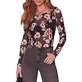 AISEW Womens Floral Mesh Long Sleeve Tops Round Neck Sexy See Through Fitted Tee Shirts Y2K Going Out Crop Top