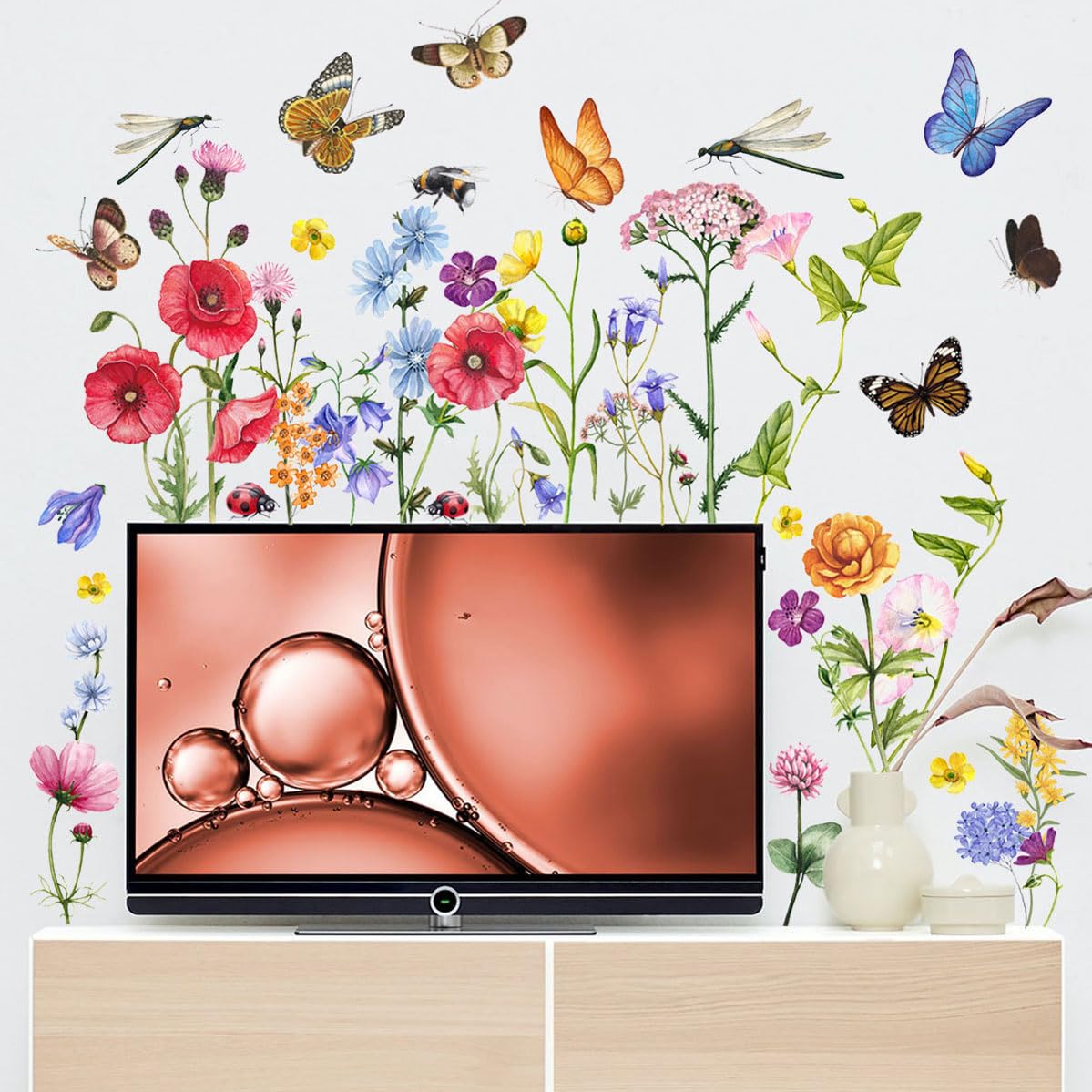 Timelesslong Large Flowers Wall Stickers for Living Room Bedroom, Vinyl Dragonflies Wall Decals Removable Wildflower Wall Murals Peel and Stick Floral Wall Decor Art Wallpaper for Adult Room Office