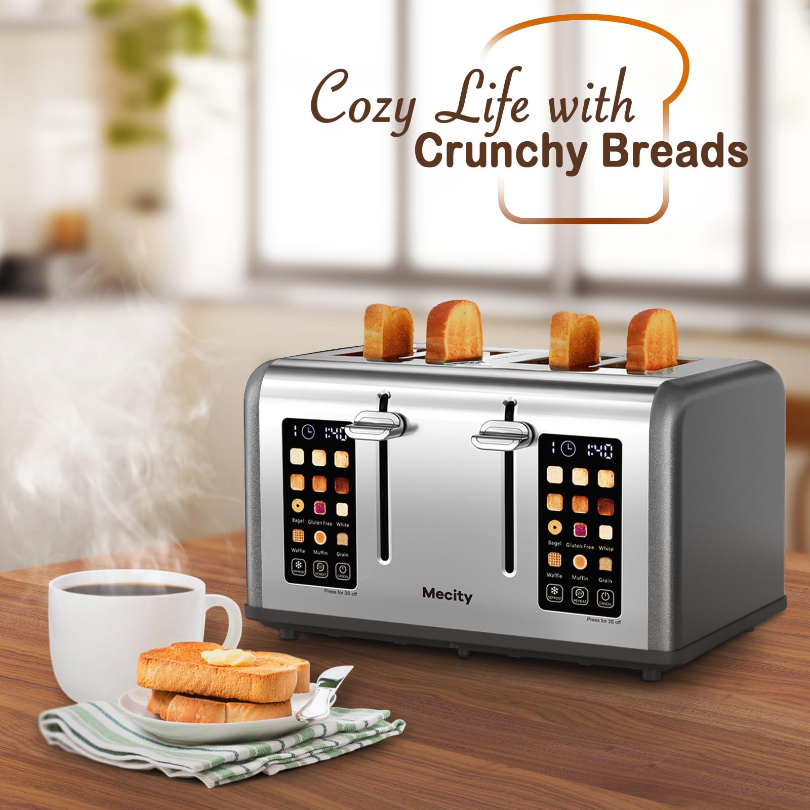 Mecity Tostadora de 4 Rebanadas con Control de Pantalla Táctil, 4 Ranuras Anchas, Tostadora de Pan Inteligente de Acero Inoxidable para Bagels, Muffins, Waffles, Panel de Control Dual, Temporizador, Descongelar, Recalentar, 120V 1650W, Gris Perla
