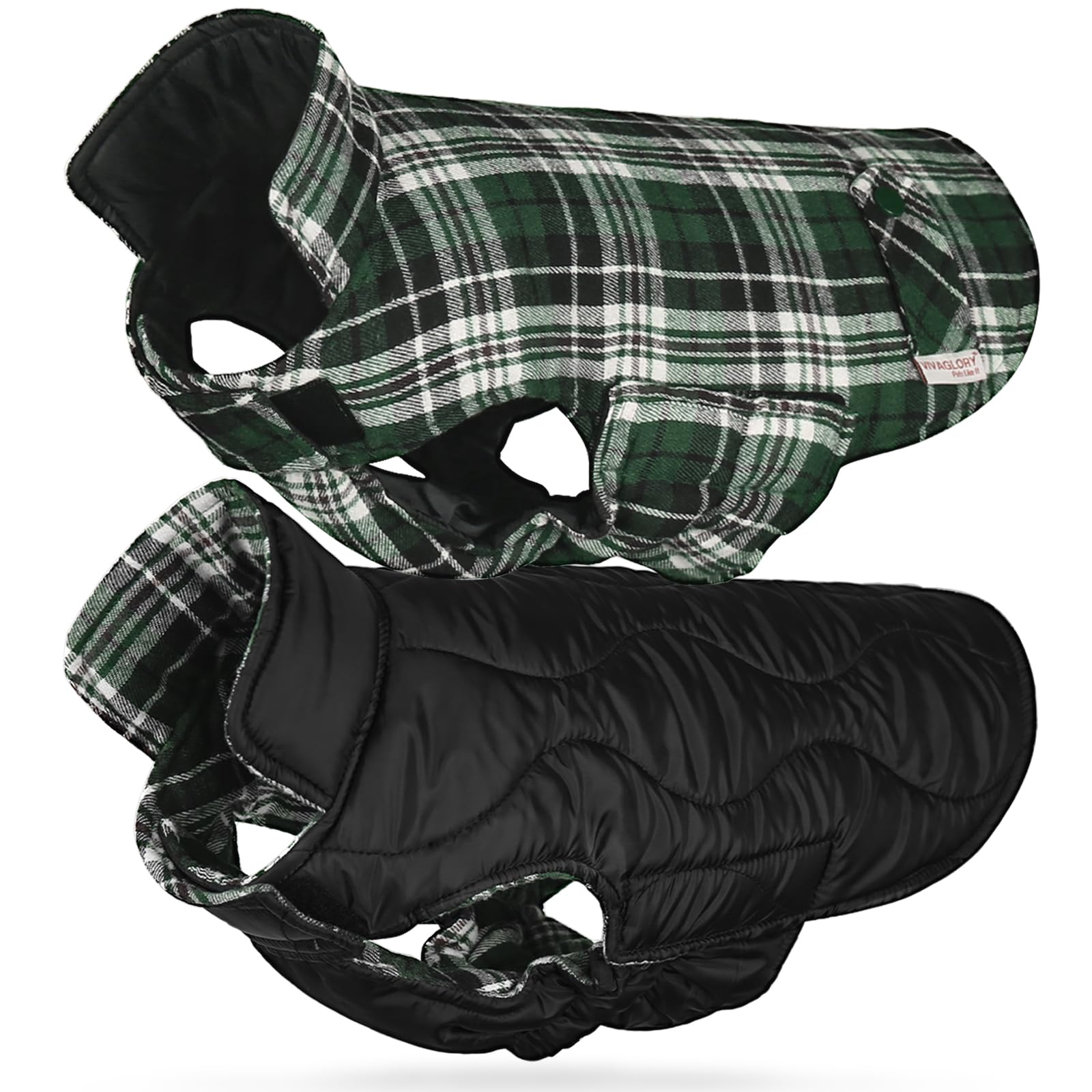 VIVAGLORY Softjoy Dog Coat, Coat & Jacket for Dog Winter & Christmas, Jacket with Harness Hole, Reversible Plaid Checkered Warm Fluffy Heavy Duty, XXS, Green