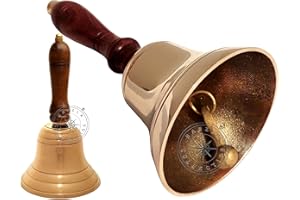 Hanzla Collection Antique Brass Wood Teachers Desk Bell Vintage School Reception Dinner Hand Bell