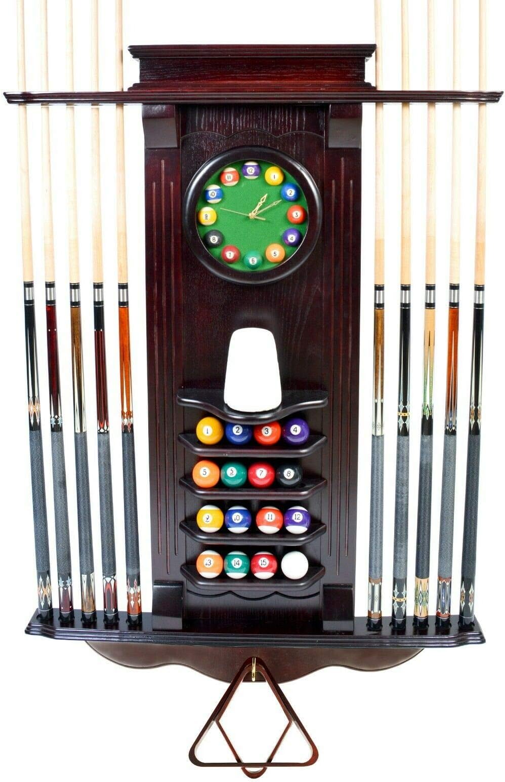 Mandycng Wall Mounted Hardwood 10 Billiard Stick Rack with Clock, Wooden Wall Rack Pool Cue+Ball Set Shelf, Snooker Equipment Organizer Decor Furniture, Cue Rack Only, Pub & Restuarant, Mahogany Color