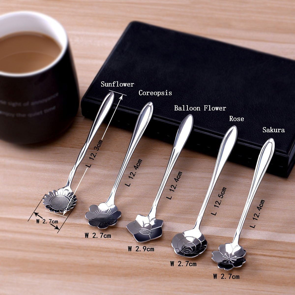 Wuudi Set of 5 Floral Spoon for Tea Coffee Dessert Ice Cream Sugar Appetizers Cake, Bistro Spoon [Silver]