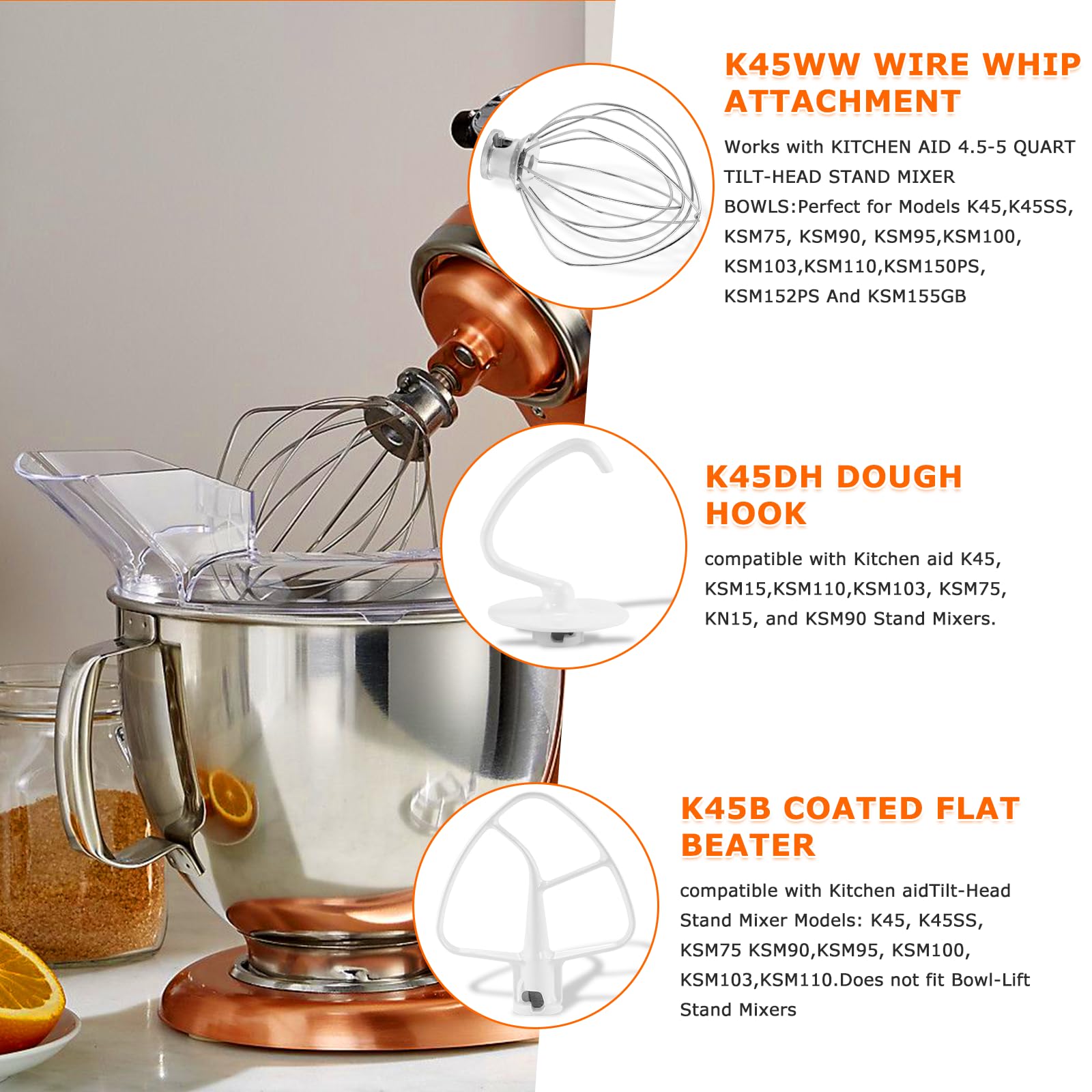 Stand Mixer Attachments 3-Piece Kit -Replace for Kitche.n aid Accessories K45WW Wire Whip/ K45DH Dough Hook /K45B Coated Flat Blade Paddle with Scraper -Stainless Steel by TOMOON