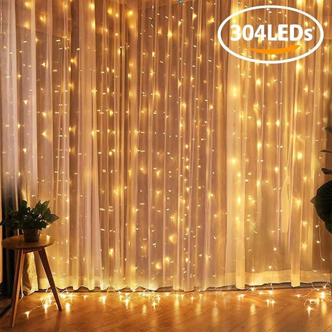 LED Lichtervorhang FOCHEA 304 LEDs Lichterkettenvorhang 3m x 3m 8 Modi IP44 Wasserfest Lichterkette Warmweiß für Weihnachten 