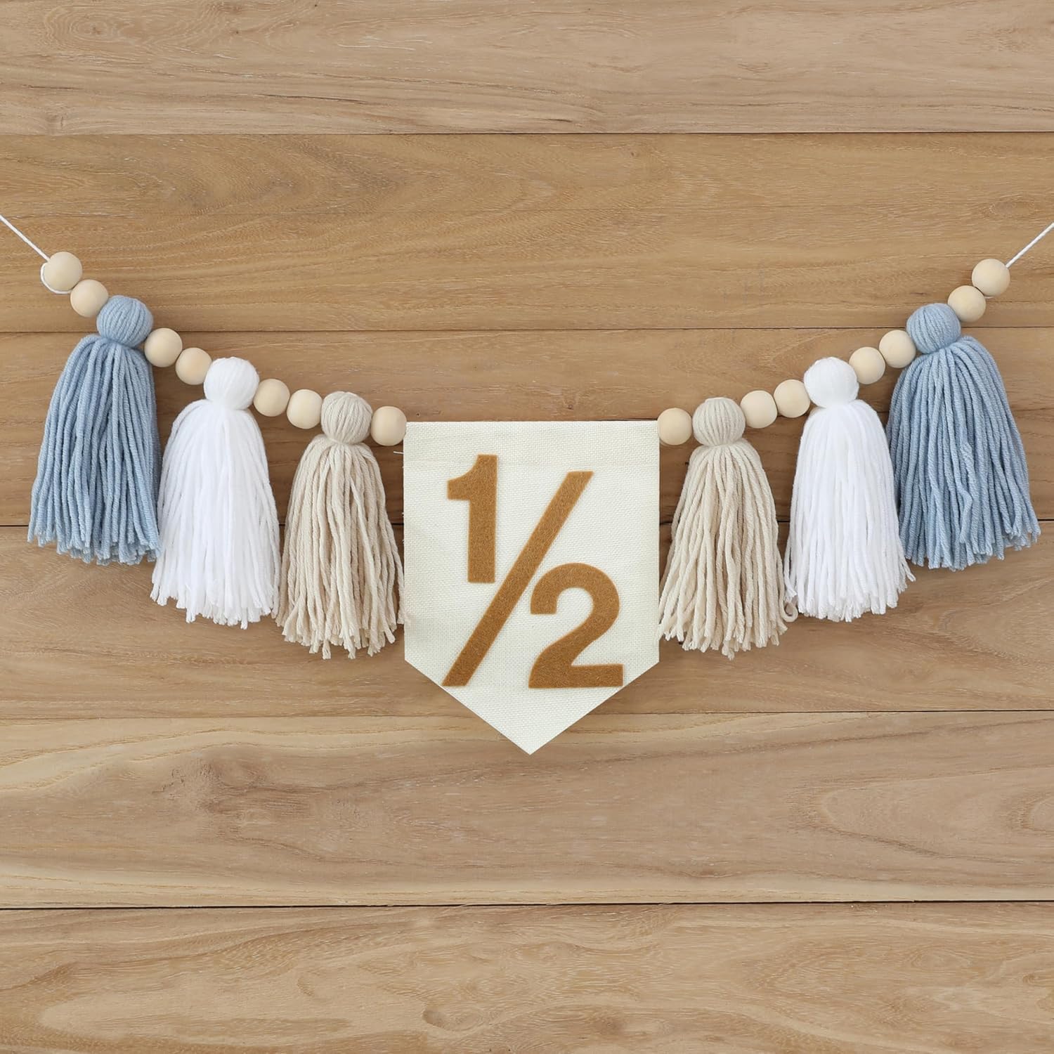 Birthday Boy Half Birthday Decorations High Chair Banner, 6 Month Tassel Wood Bead Highchair Garland Blue (Half Kahaki B)