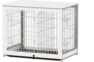 Piskyet Wooden Dog Crate Furniture with Divider Panel, Dog Crate End Table with Fixable Slide Tray, Double Doors Dog Kennel Indoor for Dogs(M:31.8" L*22.1" W*26.3" H,White)