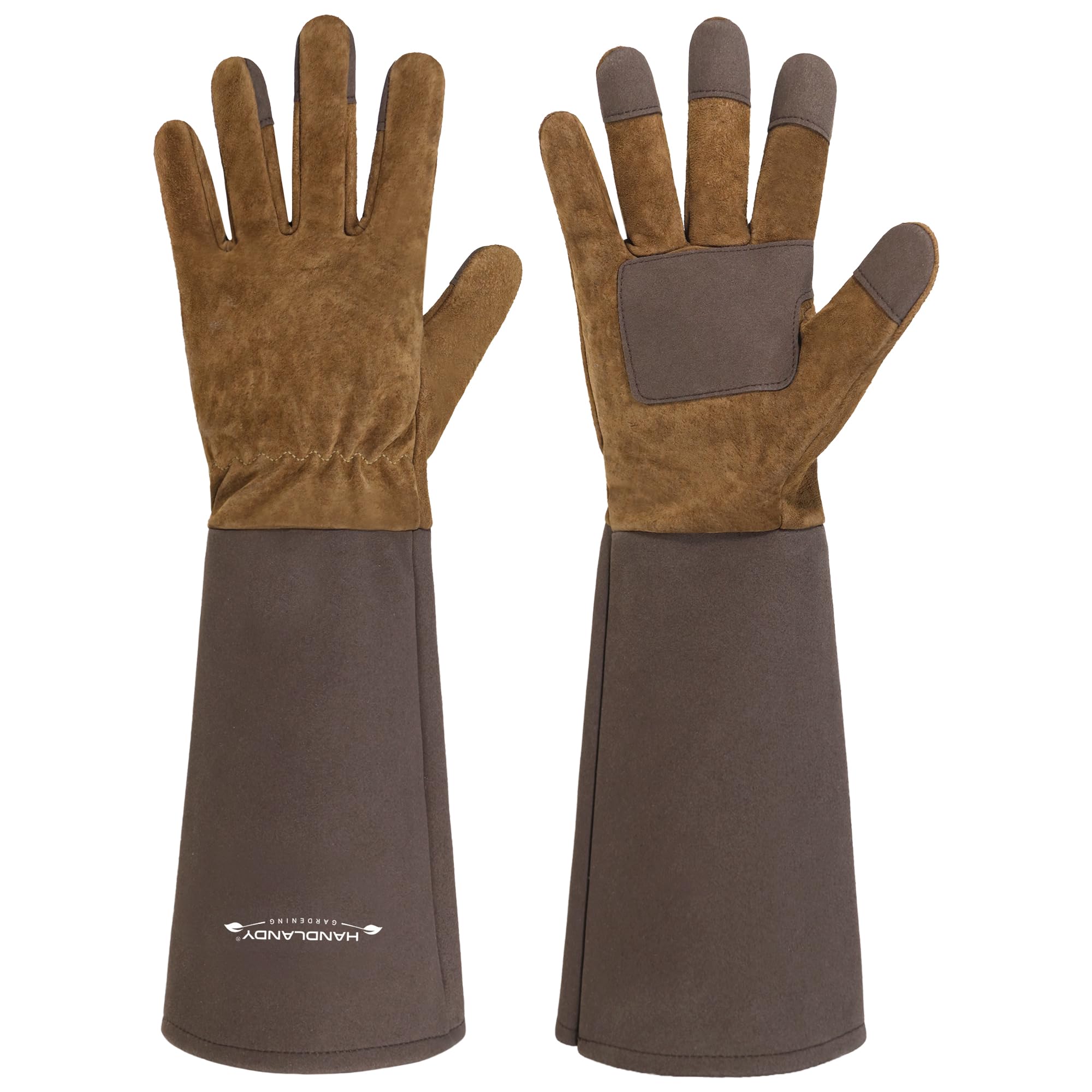 HANDLANDY Gardening Gloves for Men Women, Thorn Proof Rose Pruning Leather Long Sleeve Garden Yard Gauntlet, Best Gardener Gift (Brown, M)