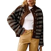 Arssm Womens Button Up Cardigan Sweater Crewneck Jacquard Knit Long Sleeve Color Block Cardigan Jackets