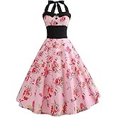 Women 50s 60s Vintage Floral Print Halter Neck Cocktail Swing Dress Buttons Backless Retro 1950s Rockabilly Audrey Hepburn Tea Party Prom Dress Spring Knee Length Wedding Evening Gown Pink Flower XL