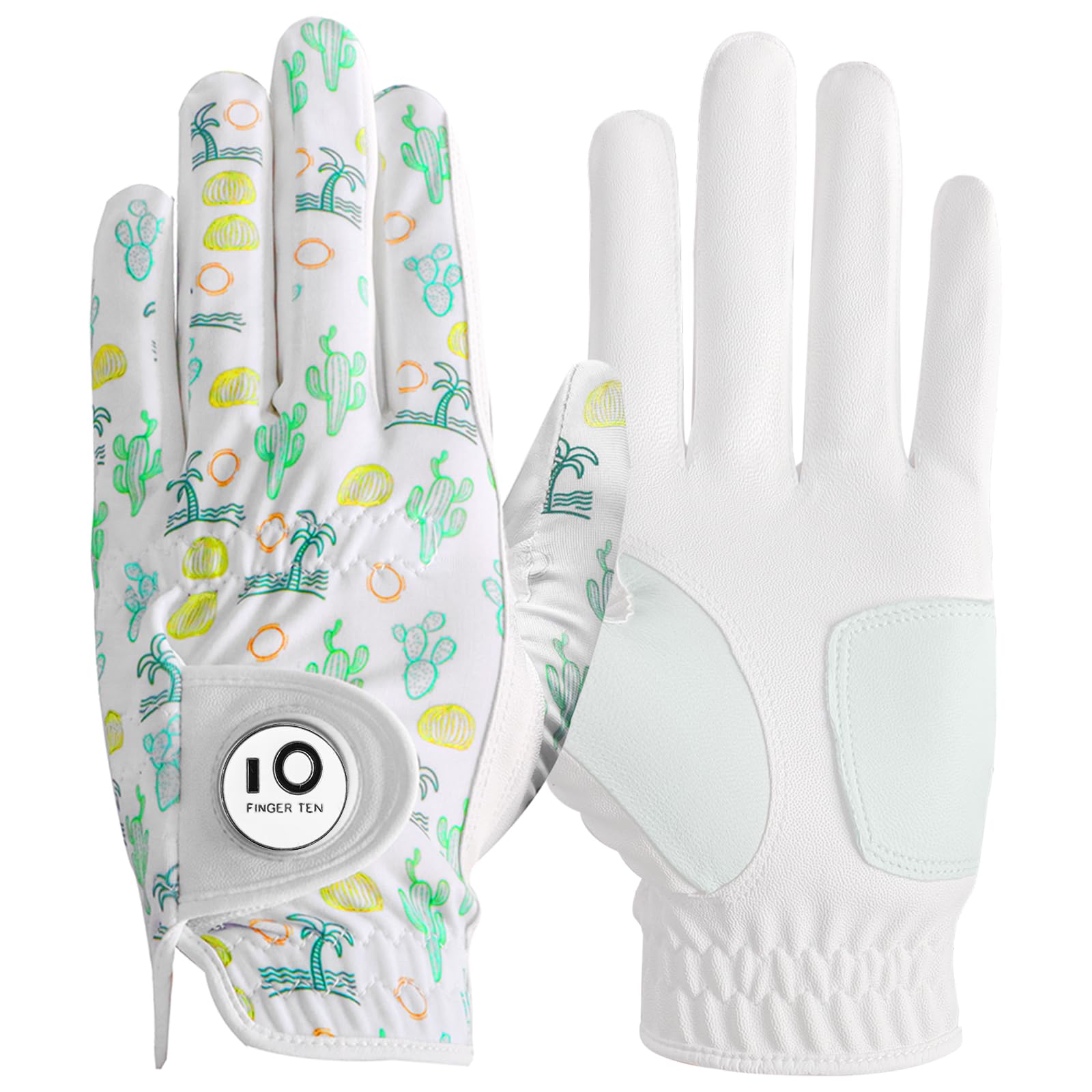 FINGER TEN Golf Gloves Men Left Hand Right with Ball Marker Cabretta Leather Weathersof Value Pack,Mens Golf Glove Fashion Pattern Wear Resistant (Green, S,Left)