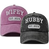 Dalqanth 2pcs Hubby and Wifey 2026 Hats for Men Women, Funny Adjustable Cotton Embroidered Husband Wife Gifts Baseball Cap