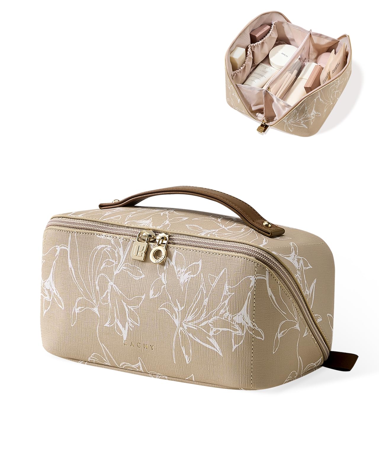 Photo 1 of EACHY Travel Makeup Bag, Large Capacity Cosmetic Bags for Women, Waterproof Portable Pouch Open Flat Toiletry Bag Pattern Makeup Bag (F-Brown)