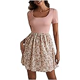 winkbay Women's Floral Print Scoop Neck Dress Short Sleeve A Line Flowy Mini Knit Dresses