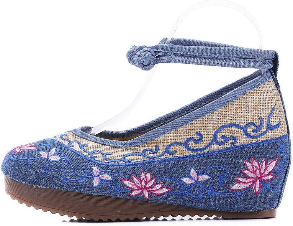 Qhome Chinese Old Beijing Women's Lotus Embroidery Wedge Sandals Comfortable Casual Walking Shoes