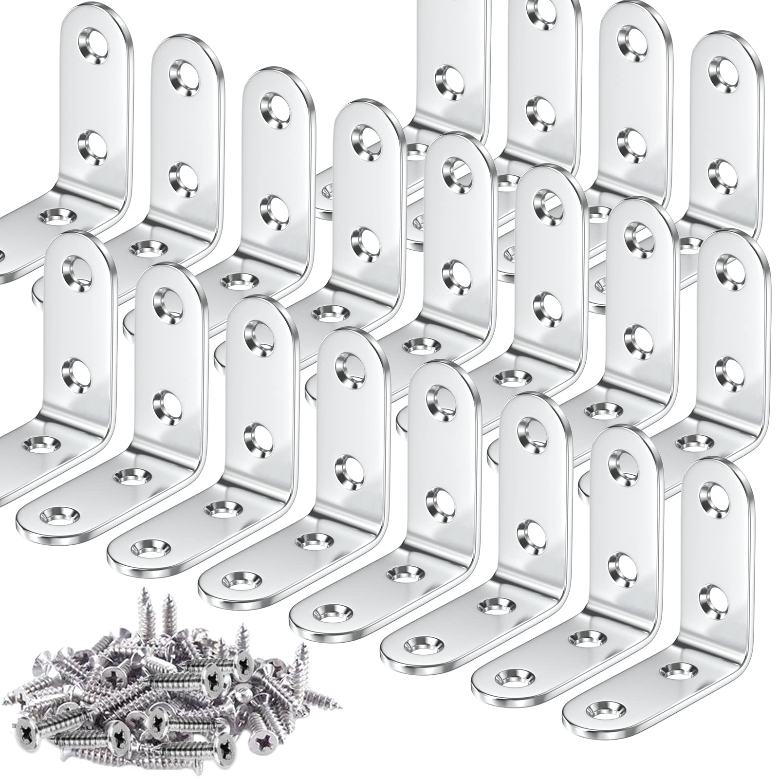 Teenitor 20 Sets Corner Brackets - 40x40 mm L-Shaped Corner Braces with 80 Screws, Right Angle 90 Degree Stainless Steel Fixing Brackets for Shelves - Wood, Silver
