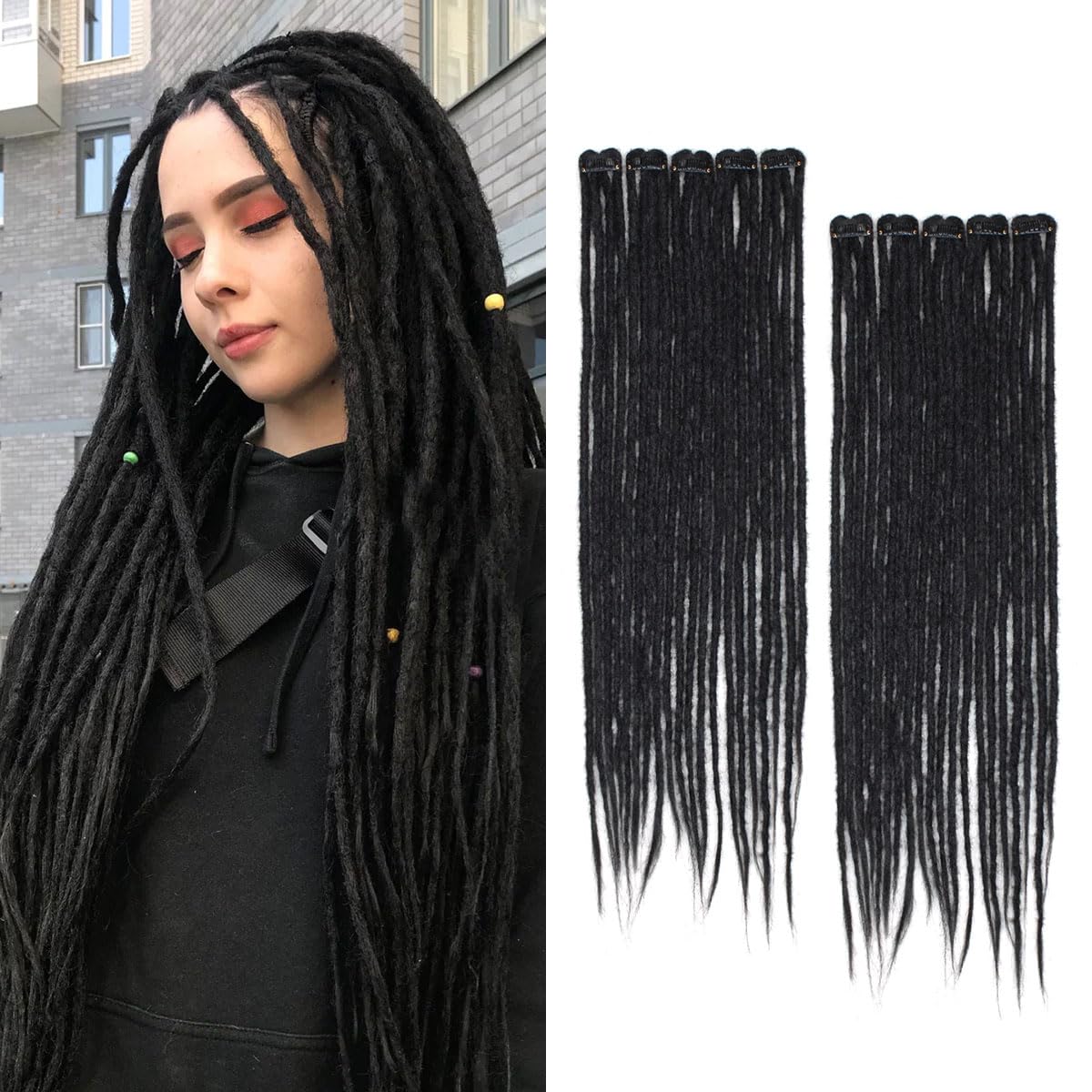 Photo 1 of 24 Inch Clip in Dreadlock Hair Extensions 10Clips 40 Strands Synthetic Handmade Soft Clip In Dreads Extensions for Women,Black