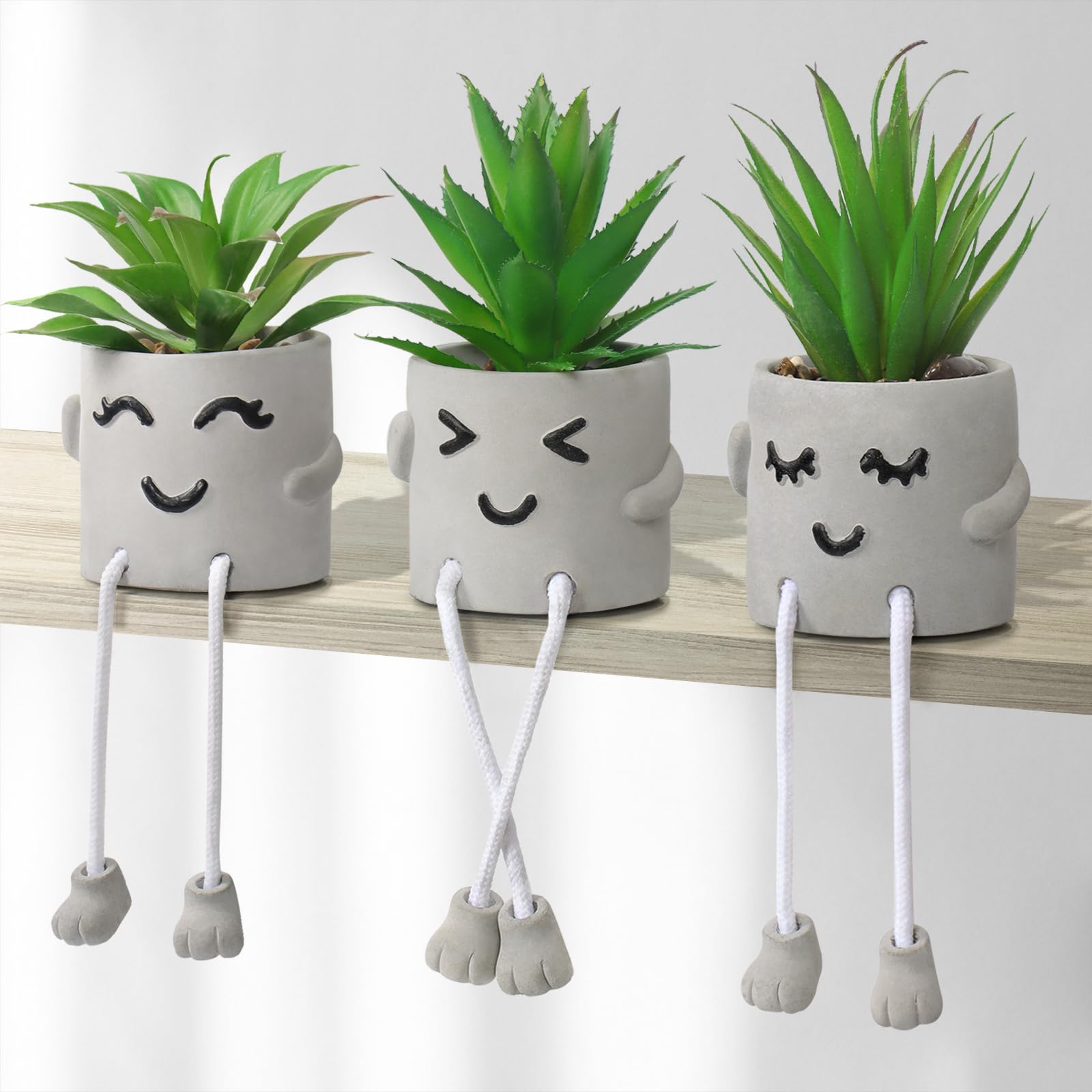 Dremisland Set of 3 Fake Plants with Cement Potted Artificial Plants Indoor Small Artificial Plants in Pots Mini Fake Succulent Plant Desk Plant Decor for Christmas Office Table Living Room Shelves