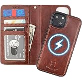 Bocasal for iPhone 14 Wallet Case Compatible with MagSafe Wireless Charging, RFID Blocking Magnetic Leather Case with Card Slots Holder Kickstand Detachable Wrist Strap 6.1 Inch (Brown)