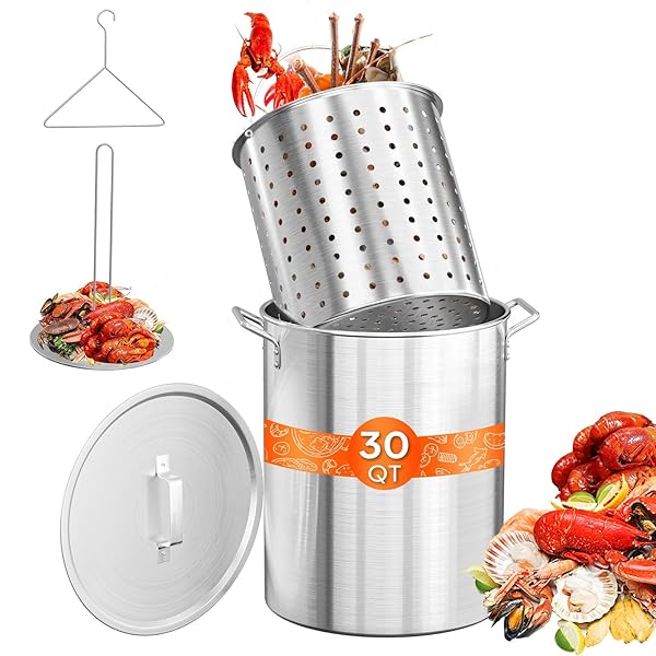 ROVSUN 30QT TURKEY FRYER POT & SEAFOOD BOIL POT WITH STRAINER BASKET, LID, HOOK & STEAMER, ALUMINUM STOCKPOT FOR TURKEY FRYING & CRAB, LOBSTER, SHRIMP BOILING FOR OUTDOOR COOKING & GATHERINGS