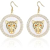 Aononu Exotic Leopard Head Drop Earrings with Enamel and Crystals - Gold Tone Dangle Earrings for Women, Animal Print Jewelry