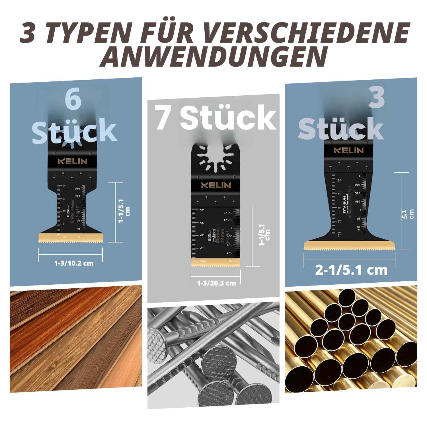 KELIN 16-tlg Titan-beschichtete Multitool Sägeblätter Set Oszillierende Sägeblätter Schneidet Metall, Universelles Oszillierende Werkzeuge Zubehör für Holz Kunststoff Metall 5