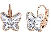 EVEVIC Austrian Crystal Butterfly Earrings Drop Leverback Earrings for Women 14K Rose Gold Plated Hypoallergenic Jewelry Gifts