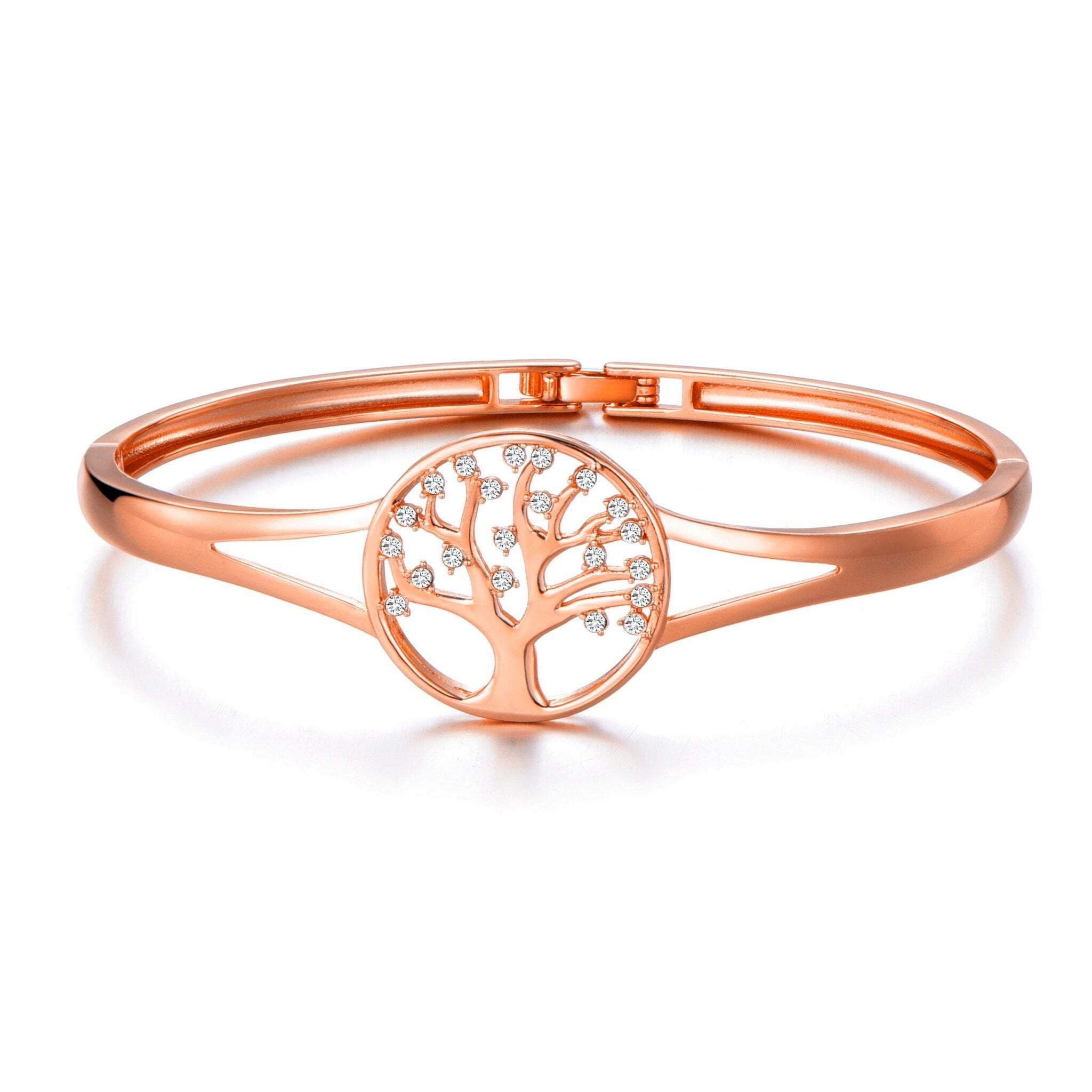 Philip Jones Rose Gold Plated Tree of Life Bangle Created with Zircondia® Crystals (7 Inch)
