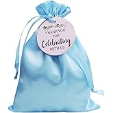 GUIFIER 30 Pack 5x7 Inch Satin Gift Bags Baby Blue Drawstring Bag with Tags, Baby Shower Bags, Silk Jewelry Pouches, Wedding, Graduation Favor Bags, Small Candy Bags, Reusable Fabric Gift Bags