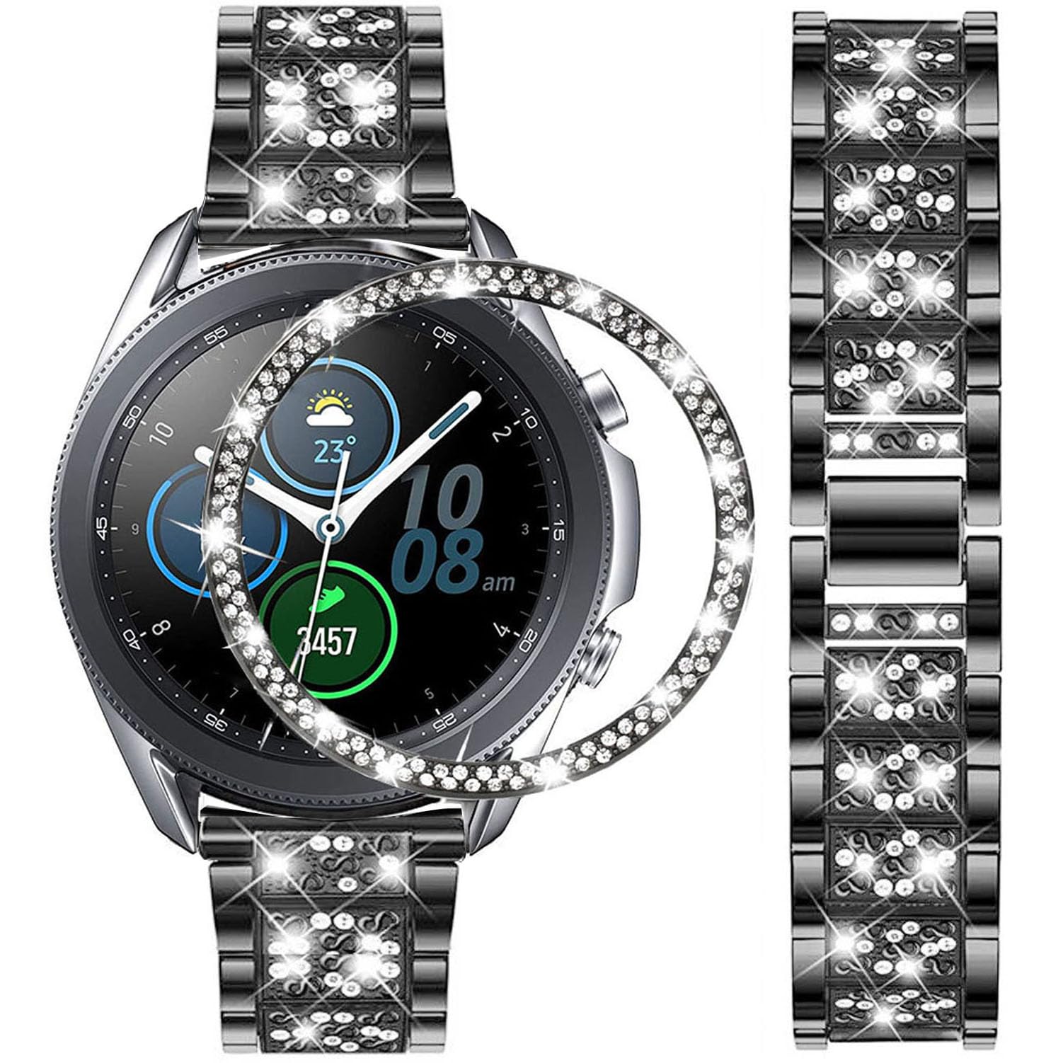 DEALELE Strap Compatible with Samsung Galaxy Watch 3 (41mm), 20mm Bling Rhinestone Dimaond Metal Steel Bracelet with Watch Face Bezel Ring Case Cover Replacement for Women Men, Black