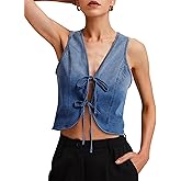 POLIRO Womens Denim Vest Crop Sleeveless V Neck Denim Top Retro Tie Up Front Jean Vest