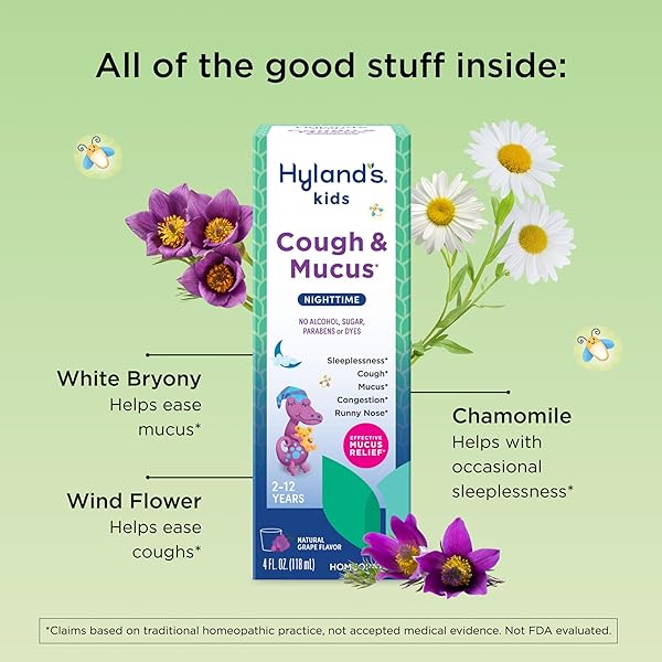 HYLAND’S KIDS NIGHTTIME COUGH SYRUP AND MUCUS RELIEF, KIDS MEDICINE FOR AGES 2-12, GRAPE FLAVOR, PROMOTES SLEEP, COUGH, RUNNY NOSE, MUCUS AND CONGESTION, OUNCES