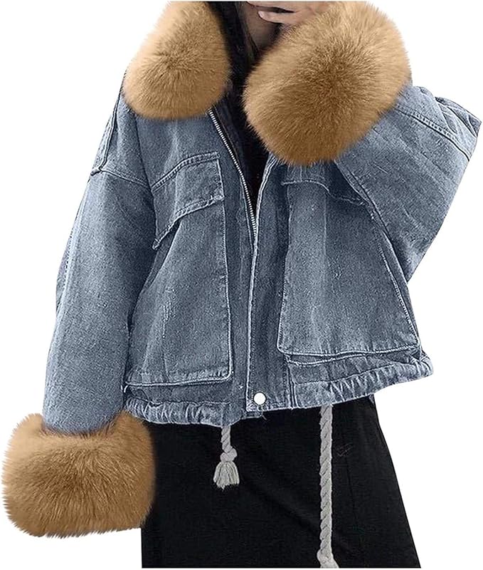 Women Sherpa Fleece Lined Denim Jacket with Furry Fur Removable Hood