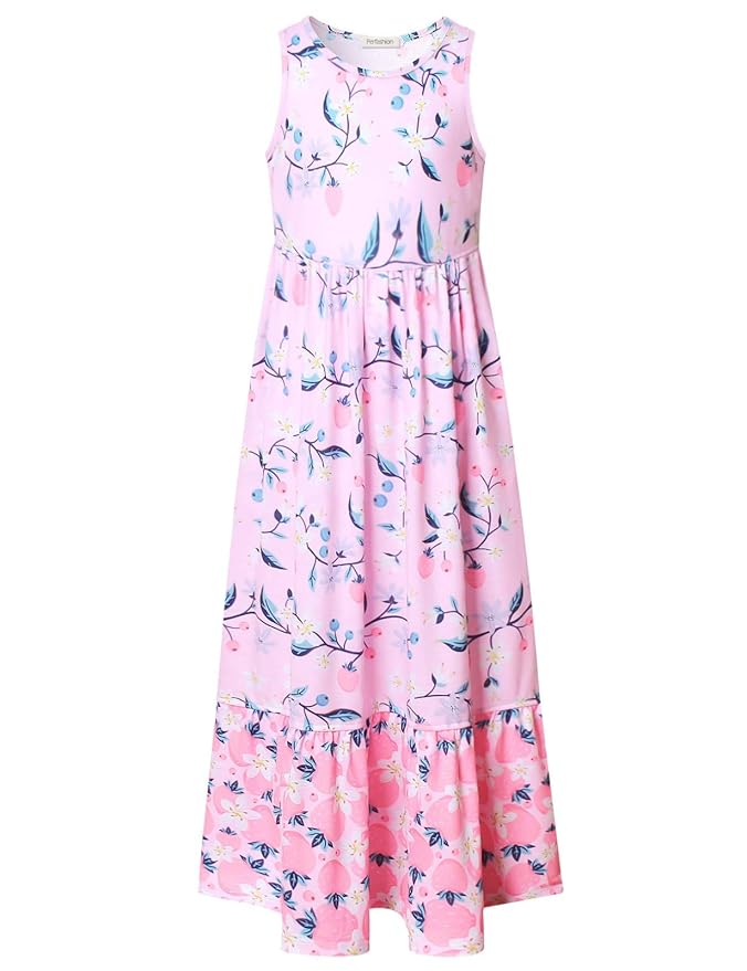 Teen Girls Maxi Long Dress with Pockets Strawberry Patchwork Empire