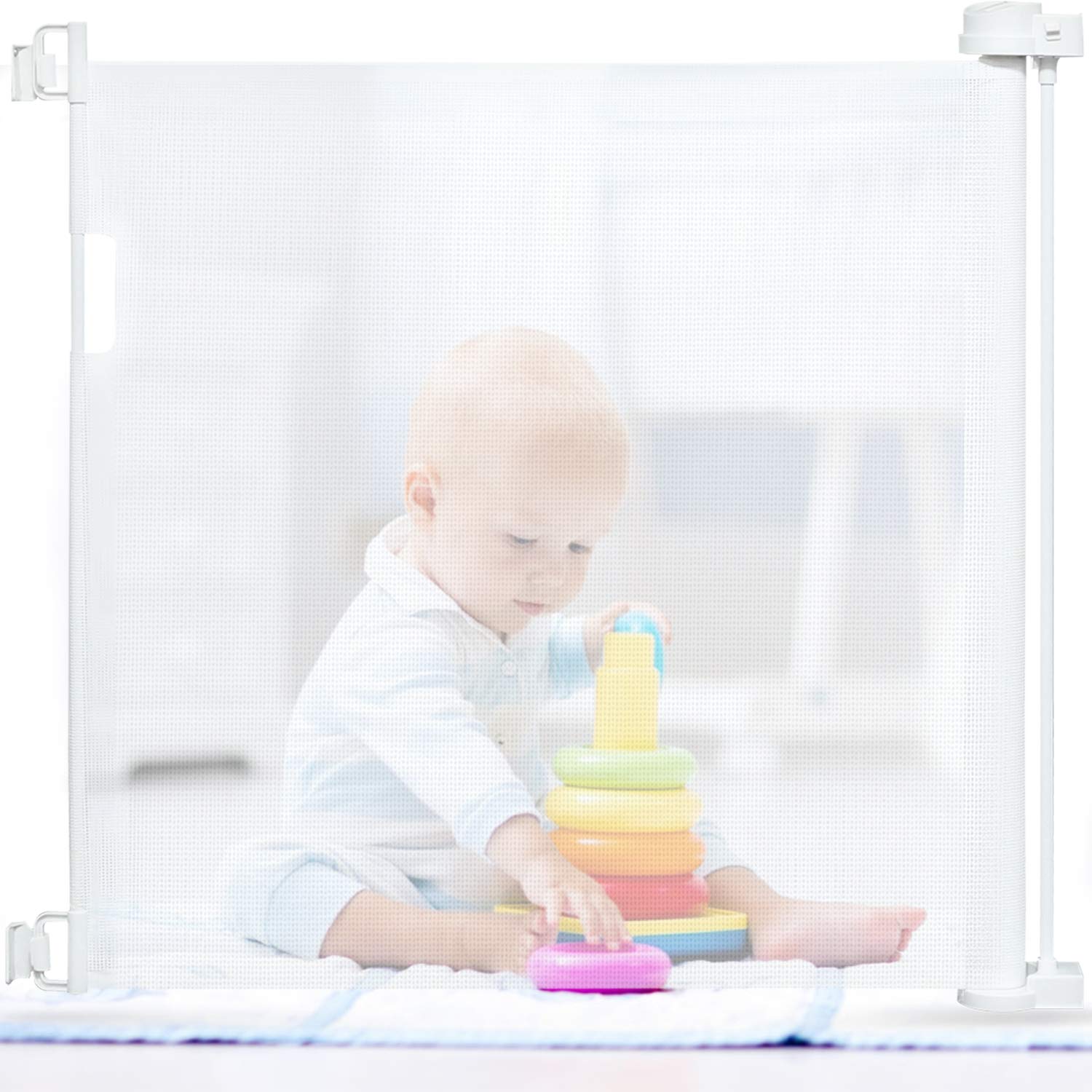 Babepai Retractable Baby Gate Wide- 34” Tall Extends Up to 55” Wide Safety Mesh Stairs Gate for Kids or Pets Dogs Gate for The House/Doorways/Banister/Hallways/Deck/Indoor/Outdoor