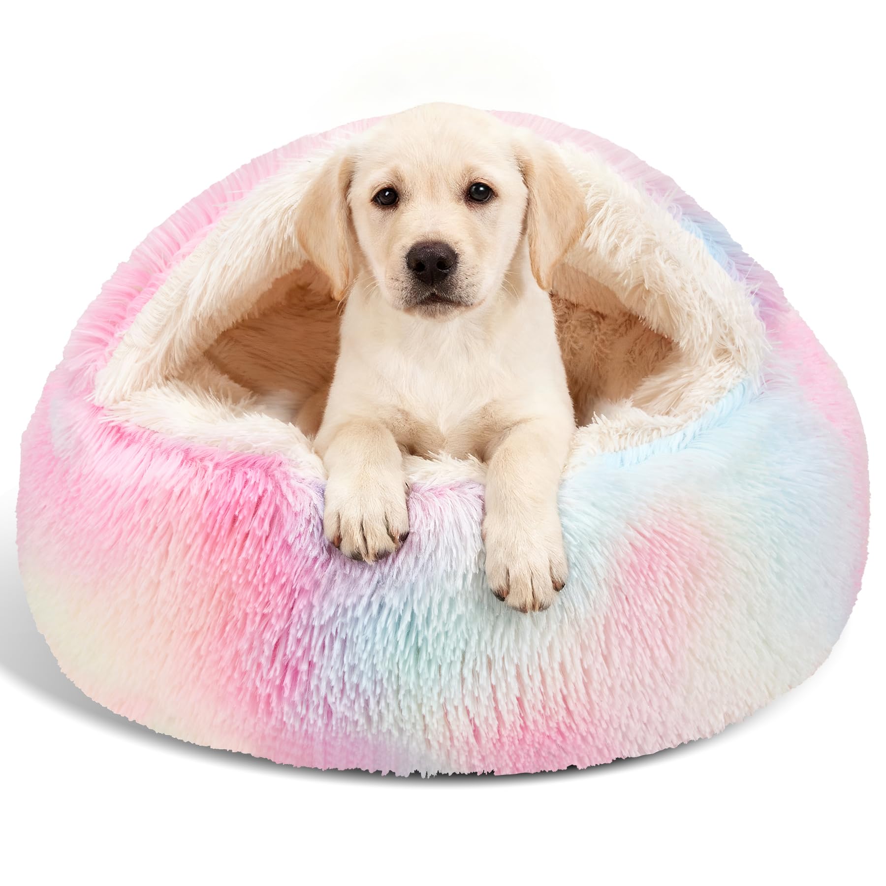Photo 1 of Calming Dog Beds & Cat Cave Bed with Hooded Cover,Removable Washable Round Beds for Small Medium Pets,Anti-Slip Faux Fur Fluffy Coved Bed for Improved Sleep,Fits up to 15/25 lbs(Colorful,M)