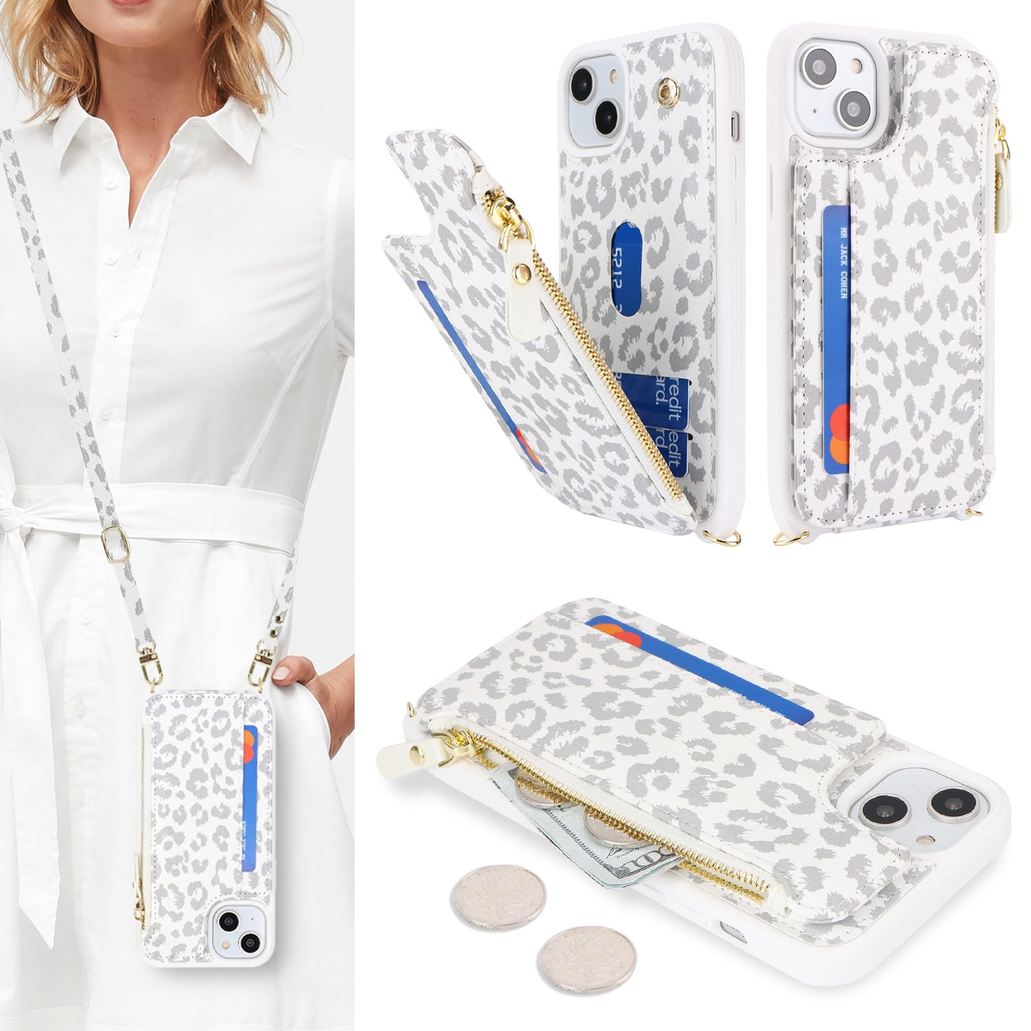 SailorTech for iPhone 14 Plus Phone Case with Credit Card Holder for Women, iPhone 14 Plus Leather Case Wallet Crossbody with Credit Card Slots Zipper Shockproof Case for Men - White Leopard