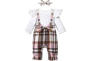 Queenstyle Newborn Baby Girl Clothes Romper Long Sleeve Ruffle Jumpsuit Cute Infant Girl Fall Winter Outfits with Headband